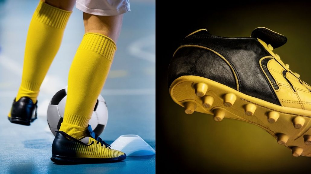 Ilustrasi gambar perbandingan sepatu yang digunakan dalam permainan futsal dan sepakbola